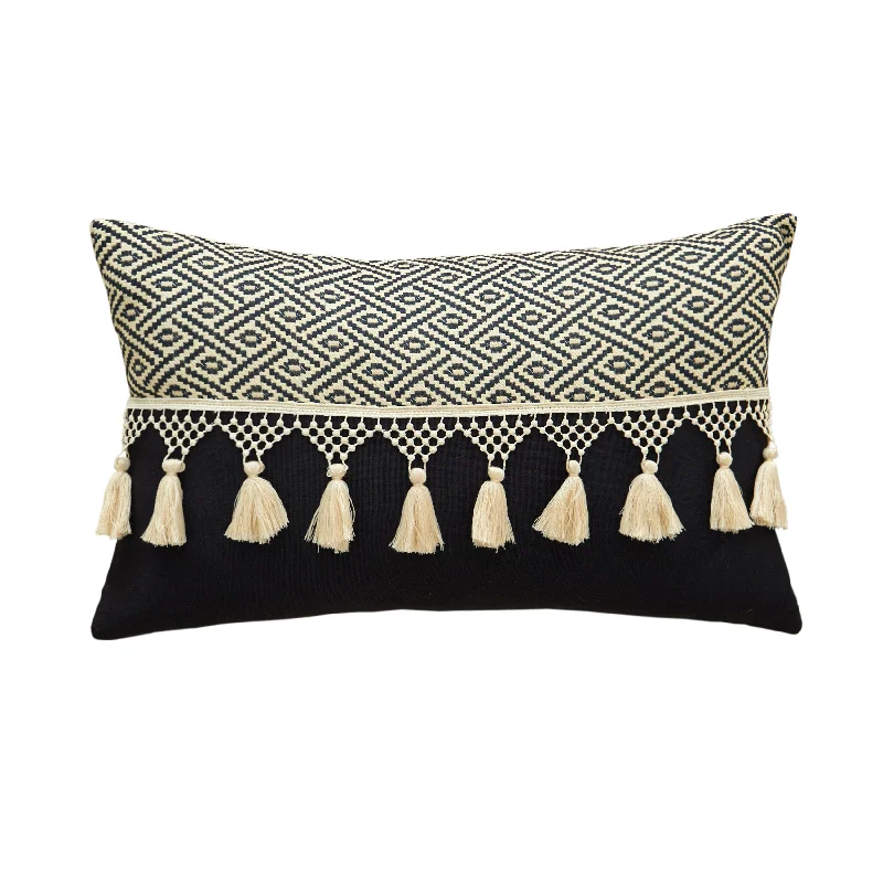 Black and Tan Tassle Lumbar Pillow