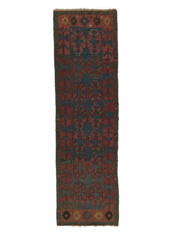 Caucasian Rug Armenia Handmade Runner Tribal Vintage 4'2"x13'5" (4x13) Green Blue Geometric Design #34160