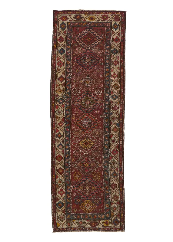 Caucasian Rug Azerbaijan Handmade Runner Antique Tribal 3'5"x10'2" (3x10) Red Multi-color Geometric Design #28895