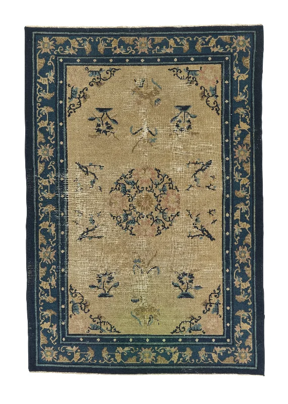 Oriental Rug Chinese Handmade Area Antique Traditional 4'0"x5'10" (4x6) Whites/Beige Blue Peking Design #30285