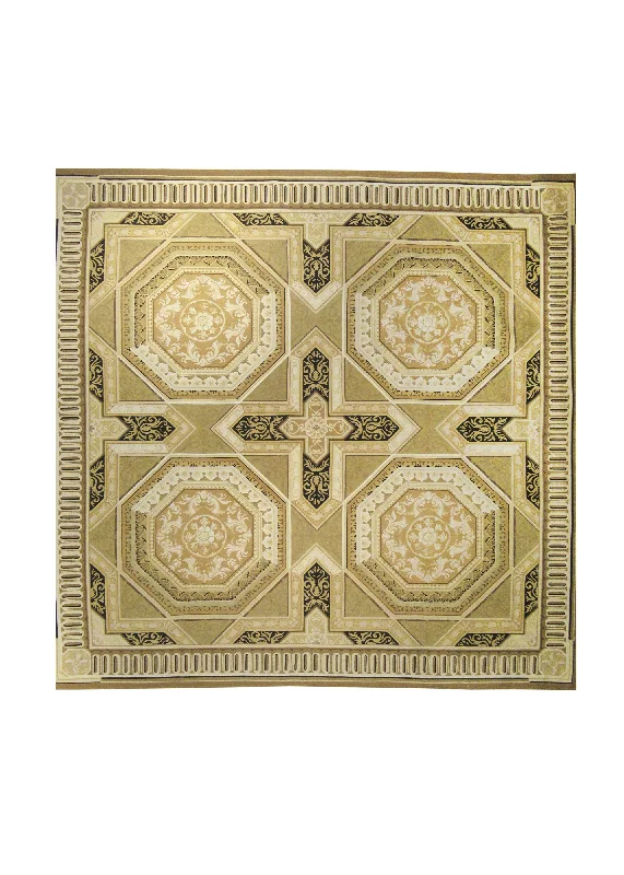 Oriental Rug Chinese Handmade Square Traditional 10'0"x10'0" (10x10) Yellow/Gold Brown Aubusson Geometric Design #A13076