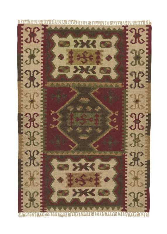 Oriental Rug Indian Handmade Area Tribal 4'0"x6'0" (4x6) Green Red Whites/Beige Kilim Geometric Dhurrie Design #32678