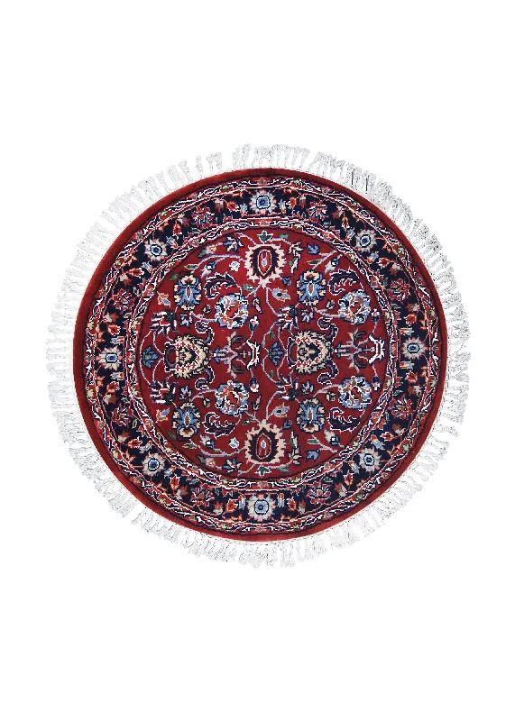 Oriental Rug Indian Handmade Round Traditional 3'0"x3'0" (3x3) Red Floral Design #A27023