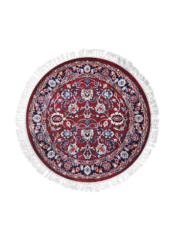 Oriental Rug Indian Handmade Round Traditional 3'0"x3'1" (3x3) Red Floral Design #A27024