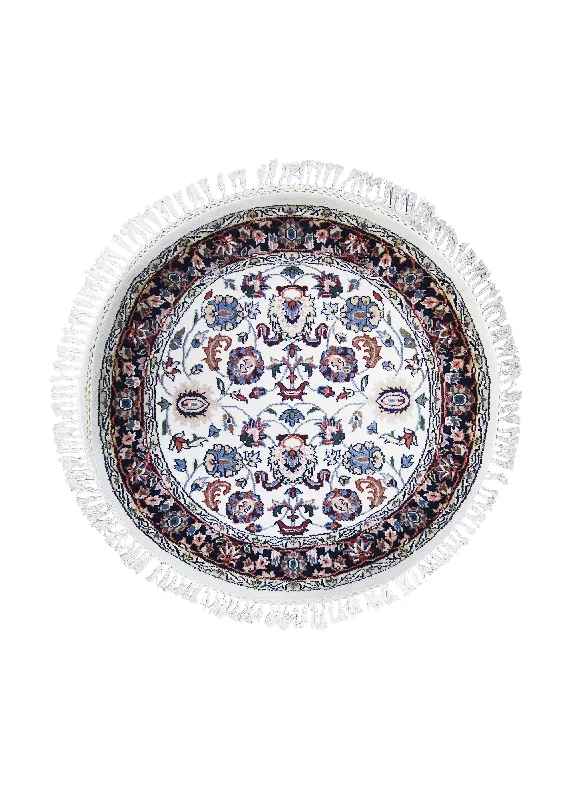 Oriental Rug Indian Handmade Round Traditional 3'0"x3'0" (3x3) Whites/Beige Blue Floral Design #A27025