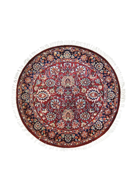 Oriental Rug Indian Handmade Round Traditional 4'2"x4'0" (4x4) Red Floral Design #A27017