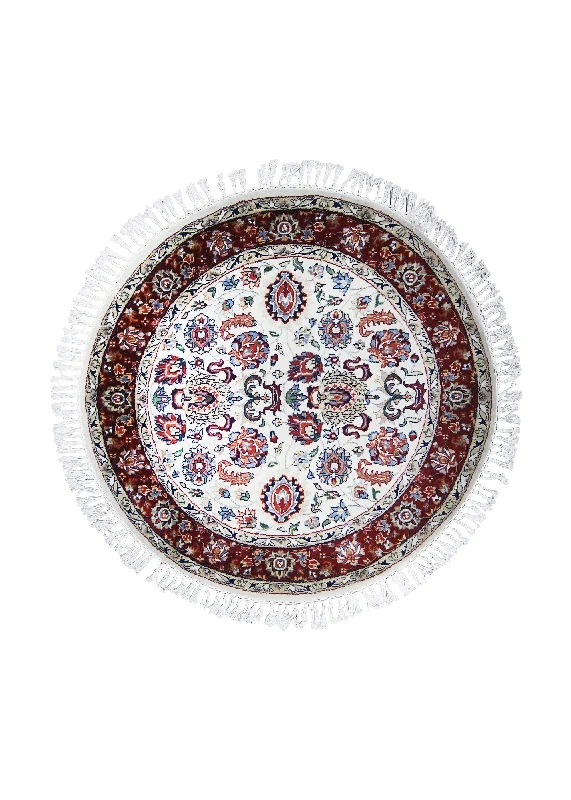 Oriental Rug Indian Handmade Round Traditional 4'3"x4'0" (4x4) Whites/Beige Red Floral Design #A27020