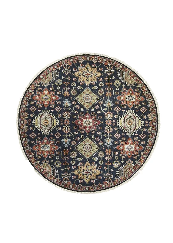 Oriental Rug Indian Handmade Round Transitional 6'0"x6'0" (6x6) Black Red Soumak Geometric Kazak Design #A27321