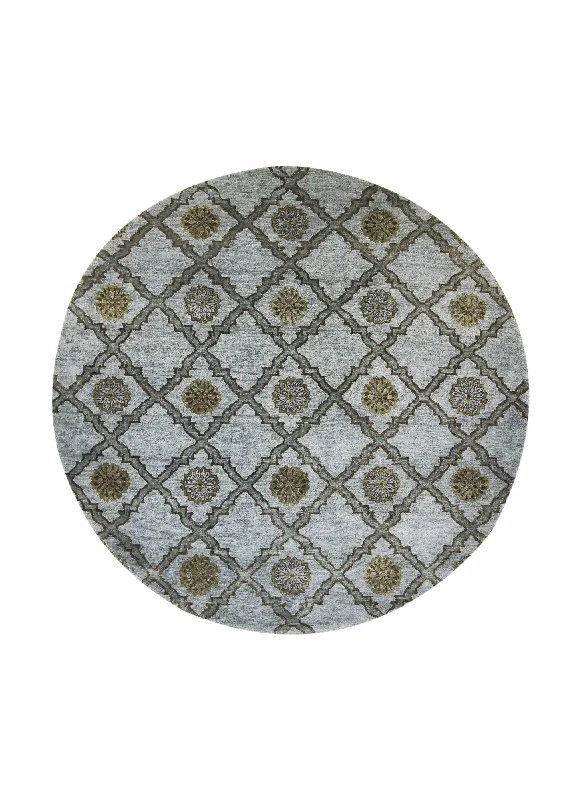 Oriental Rug Indian Handmade Round Transitional 6'0"x6'0" (6x6) Blue Brown Geometric Checkered Design #A27110