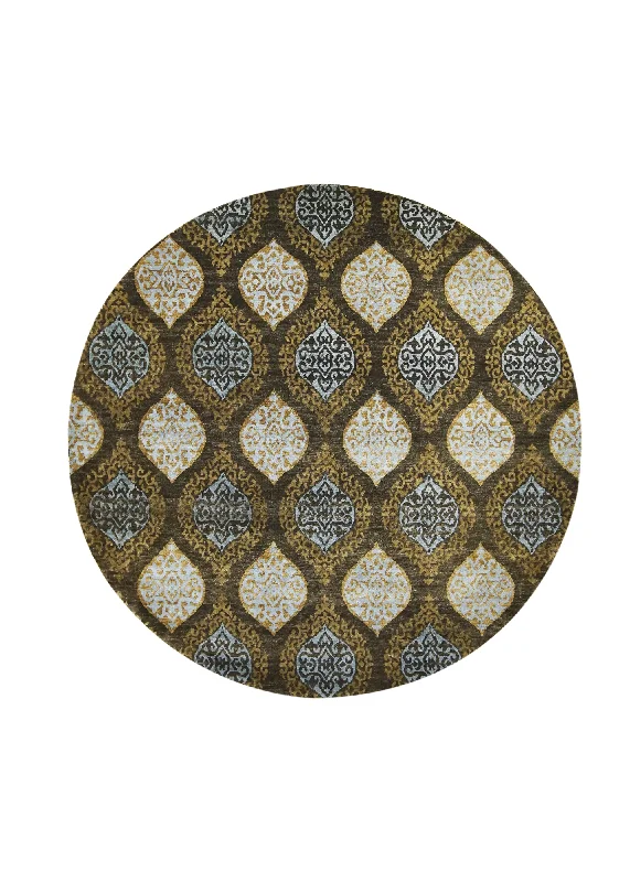 Oriental Rug Indian Handmade Round Transitional 6'0"x6'0" (6x6) Brown Blue Yellow/Gold Geometric Design #A27114