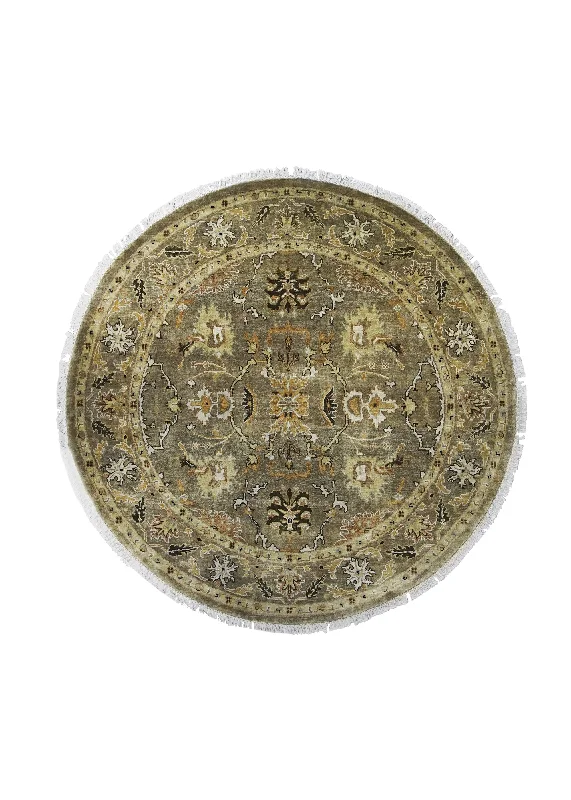 Oriental Rug Indian Handmade Round Transitional 6'0"x6'0" (6x6) Brown Green Floral Oushak Design #A27482