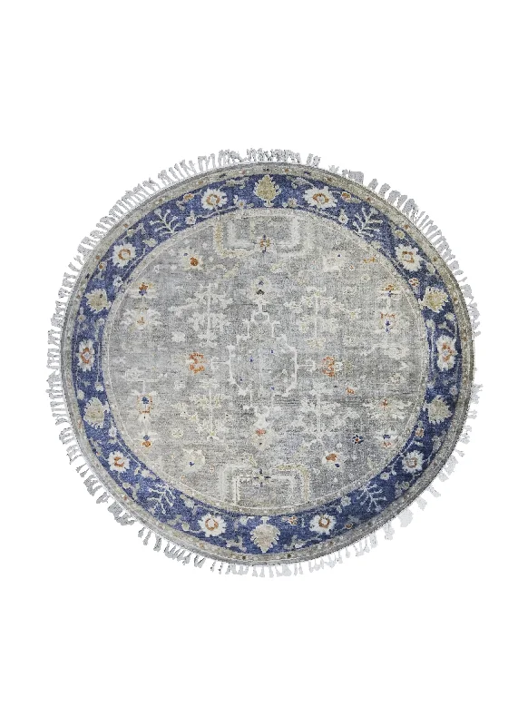 Oriental Rug Indian Handmade Round Transitional 6'0"x6'0" (6x6) Gray Blue Whites/Beige Geometric Oushak Design #A31417