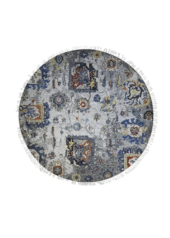 Oriental Rug Indian Handmade Round Transitional 6'0"x6'0" (6x6) Whites/Beige Gray Blue Oushak Design #A30711