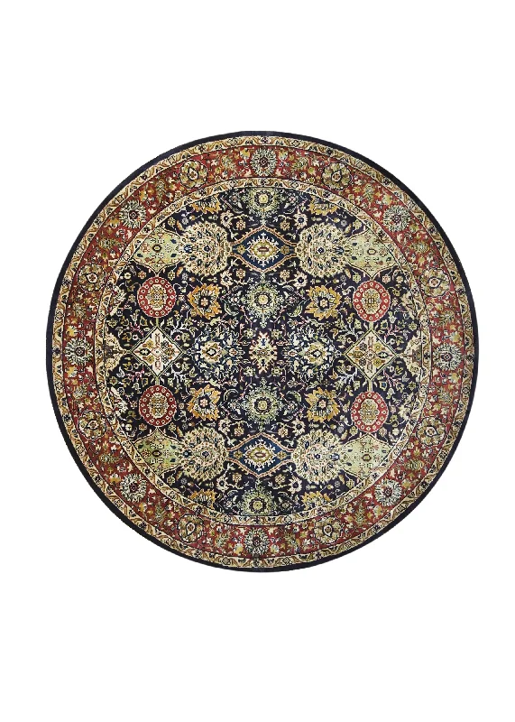 Oriental Rug Indian Handmade Round Transitional 7'10"x7'10" (8x8) Black Red Tea Washed Floral Design #A30171