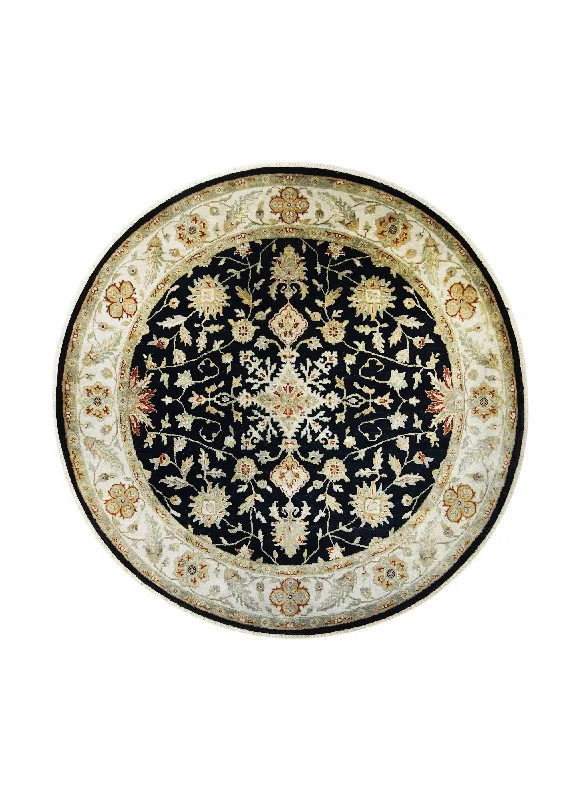 Oriental Rug Indian Handmade Round Transitional 8'0"x8'0" (8x8) Black Whites/Beige Geometric Design #A27107