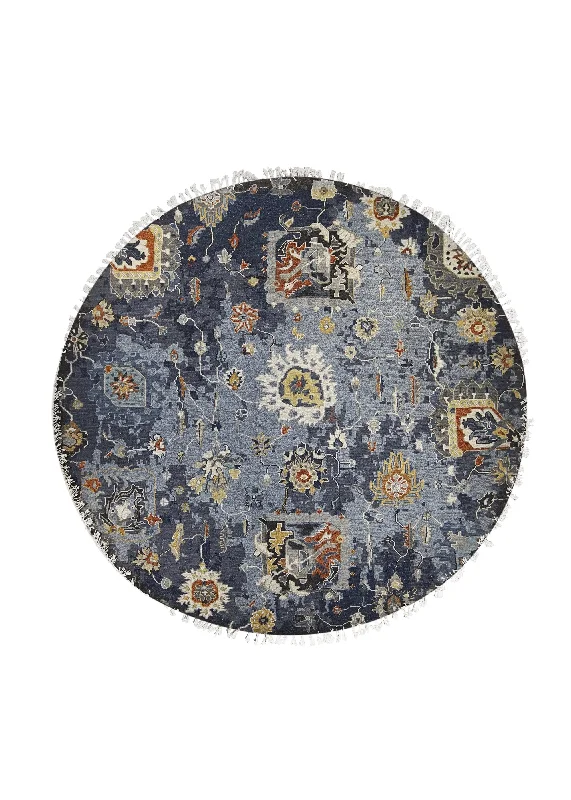 Oriental Rug Indian Handmade Round Transitional 8'0"x8'0" (8x8) Blue Floral Oushak Design #A30951