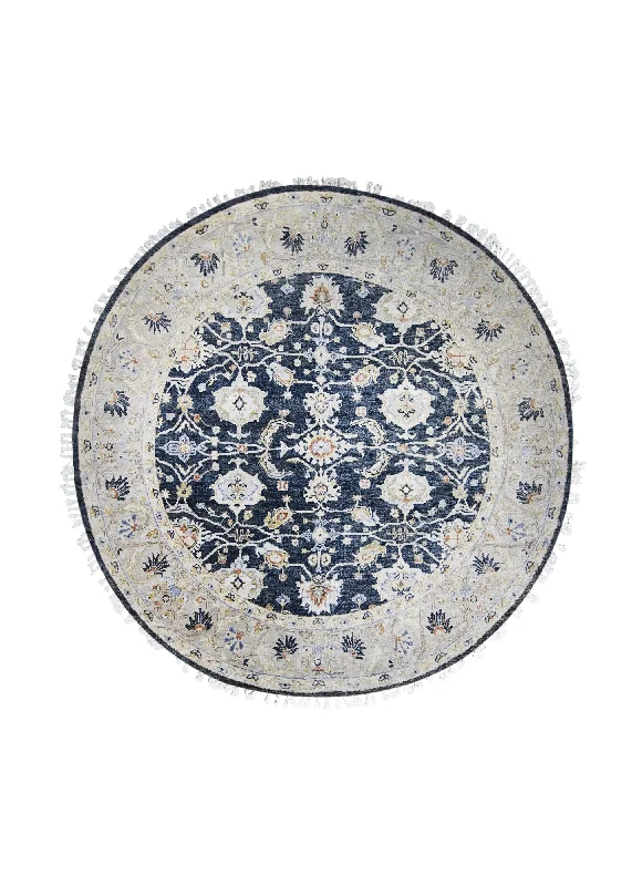 Oriental Rug Indian Handmade Round Transitional 8'0"x8'0" (8x8) Blue Whites/Beige Floral Oushak Design #A29678