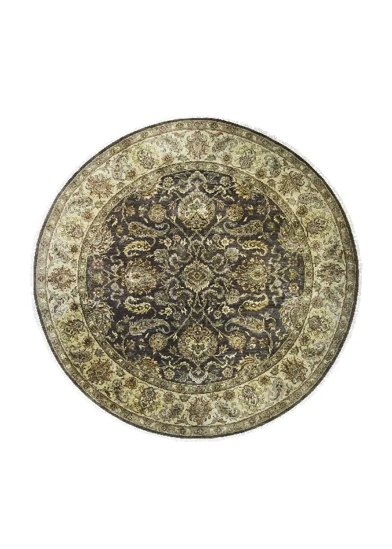 Oriental Rug Indian Handmade Round Transitional 7'8"x7'8" (8x8) Brown Whites/Beige Green Floral Design #A29912