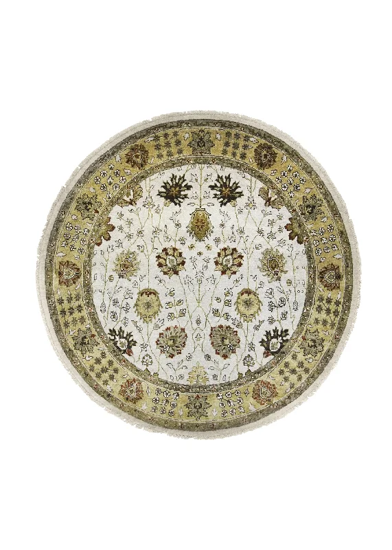 Oriental Rug Indian Handmade Round Transitional 8'0"x8'0" (8x8) Whites/Beige Yellow/Gold Floral Oushak Design #A27066