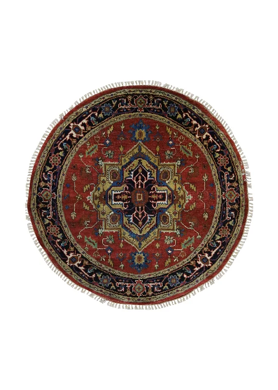 Oriental Rug Indian Handmade Round Transitional Tribal 4'11"x4'11" (5x5) Red Blue Serapi Geometric Design #A27151