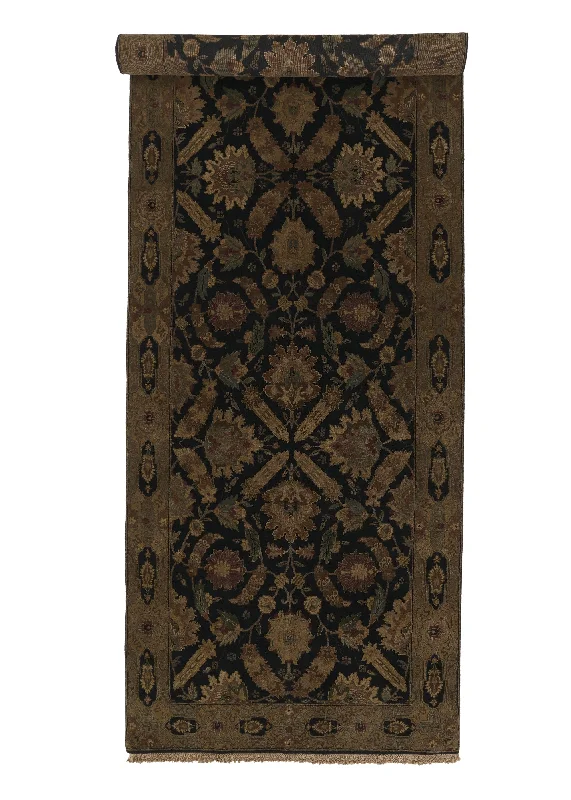 Oriental Rug Indian Handmade Runner Transitional 5'2"x13'1" (5x13) Black Yellow/Gold Jaipur Floral Design #22978