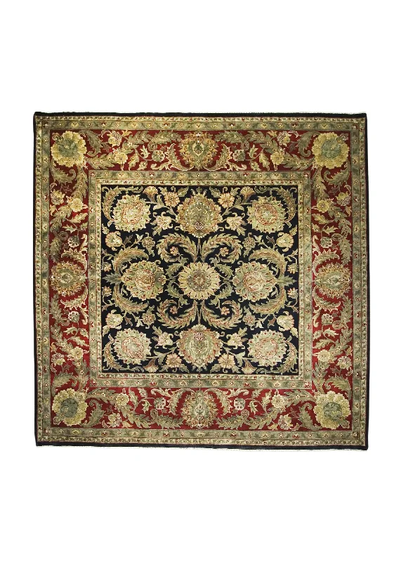 Oriental Rug Indian Handmade Square Transitional 10'3"x10'3" (10x10) Black Red Tea Washed Floral Design #A23939