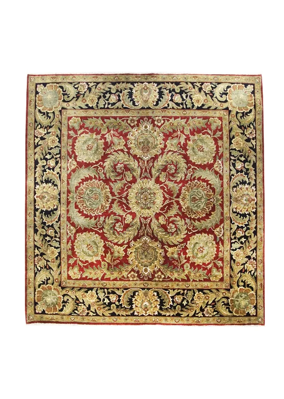 Oriental Rug Indian Handmade Square Transitional 8'2"x8'3" (8x8) Red Black Green Tea Washed Floral Design #A24117