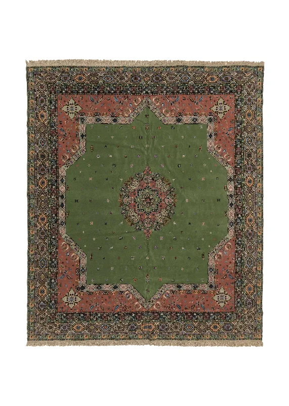 Oriental Rug Moroccan Handmade Square Tribal 11'1"x13'6" (11x14) Green Pink Open Field Geometric Design #15065