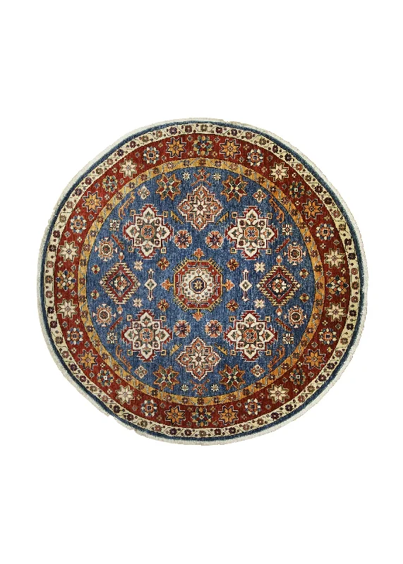 Oriental Rug Pakistani Handmade Round Transitional Tribal 5'5"x5'5" (5x5) Blue Red Kazak Geometric Design #A29918