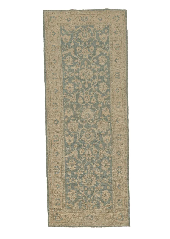 Oriental Rug Pakistani Handmade Runner Transitional Neutral 4'2"x10'7" (4x11) Whites/Beige Blue Floral Oushak Design #35630