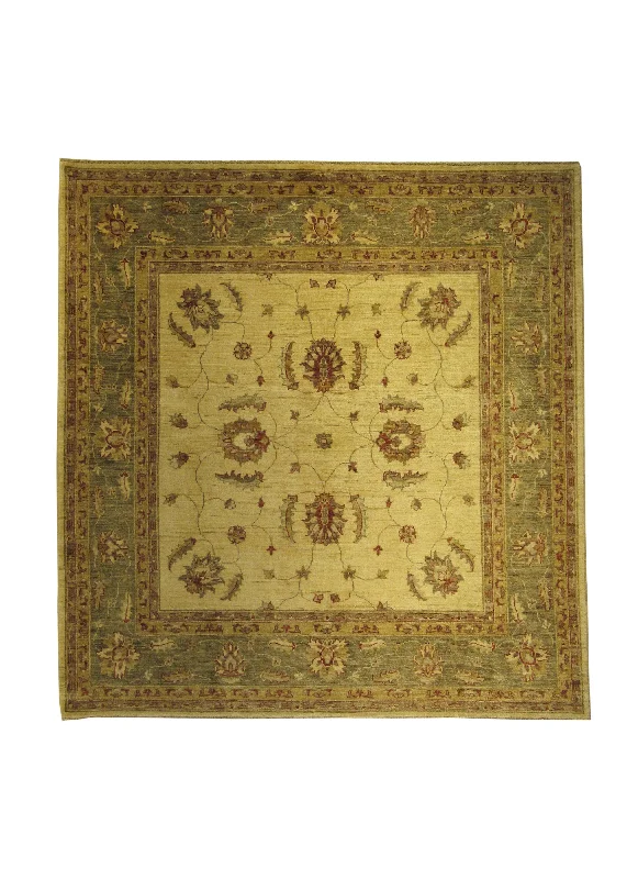 Oriental Rug Pakistani Handmade Square Transitional 6'5"x6'9" (6x7) Whites/Beige Green Antique Washed Oushak Floral Design #A24516