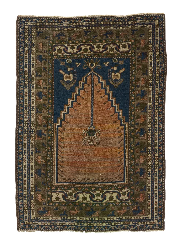 Oriental Rug Turkish Handmade Area Tribal 3'9"x5'4" (4x5) Orange Green Blue Prayer Rug Design #35147