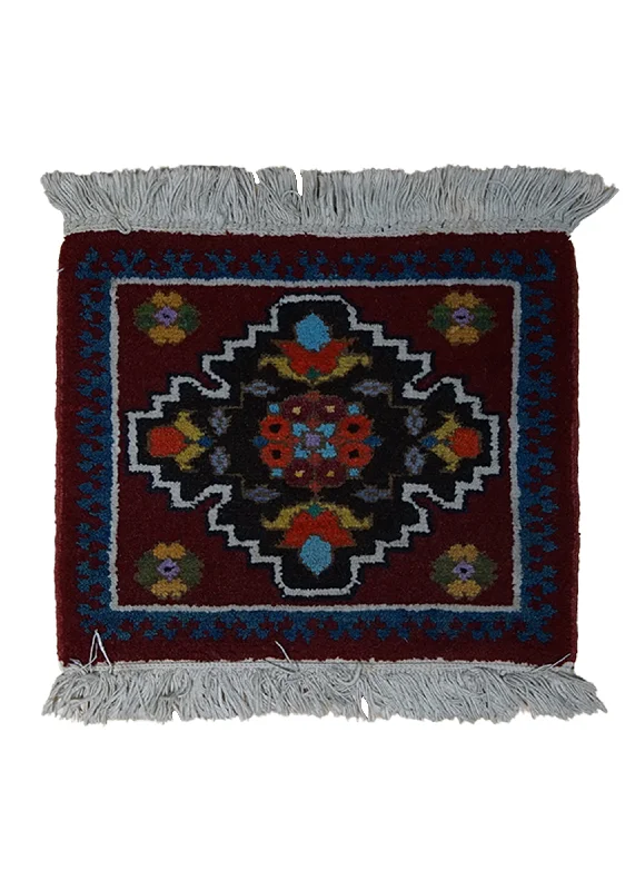 Oriental Rug Turkish Handmade Square Tribal 1'1"x1'4" (1x1) Red Blue Geometric Design #A20914