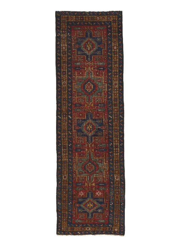 Persian Rug Gharajeh Handmade Runner Antique Tribal 3'3"x10'6" (3x11) Yellow/Gold Blue Red Geometric Design #34977