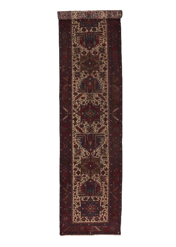 Persian Rug Gharajeh Handmade Runner Tribal Vintage 3'3"x13'9" (3x14) Red Whites/Beige Geometric Design #30722