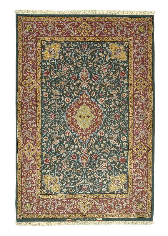 Persian Rug Isfahan Handmade Area Traditional 3'7"x5'3" (4x5) Green Yellow/Gold Red Floral Design #28373