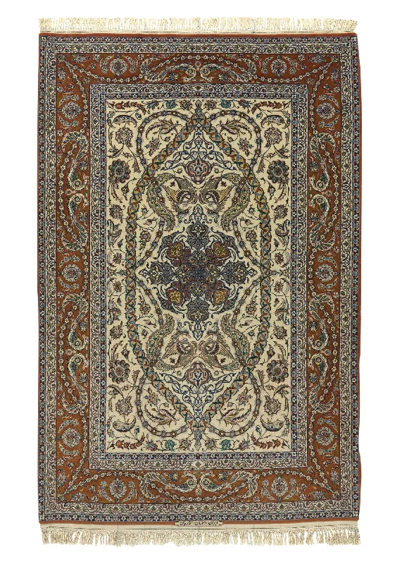 Persian Rug Isfahan Handmade Area Traditional 3'7"x5'5" (4x5) Orange Whites/Beige Animals Floral Design #35564