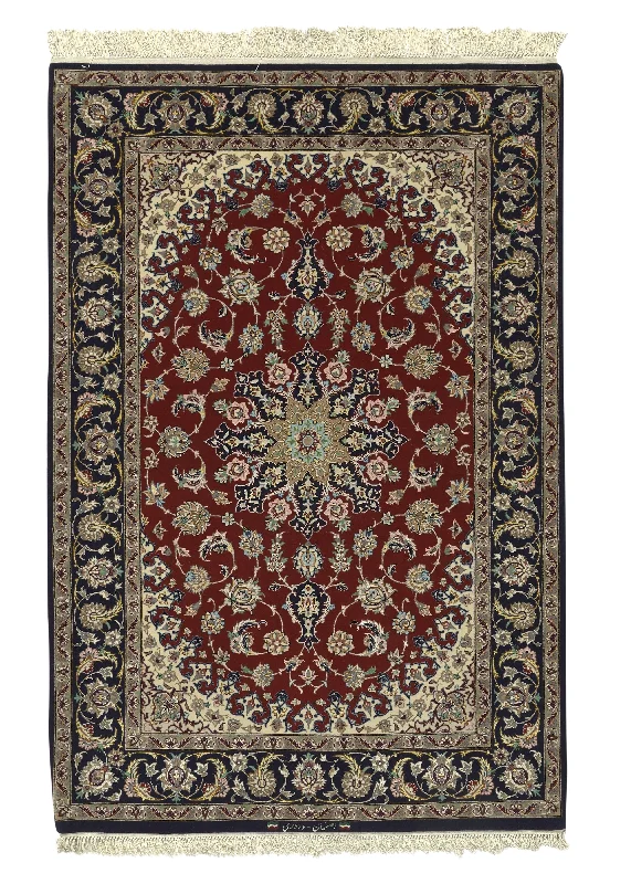 Persian Rug Isfahan Handmade Area Traditional 3'6"x5'2" (4x5) Red Blue Floral Design #34658