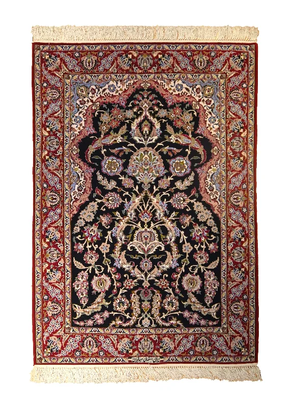 Persian Rug Isfahan Handmade Area Traditional 3'7"x5'2" (4x5) Red Blue Floral Seirafian Design #A35484