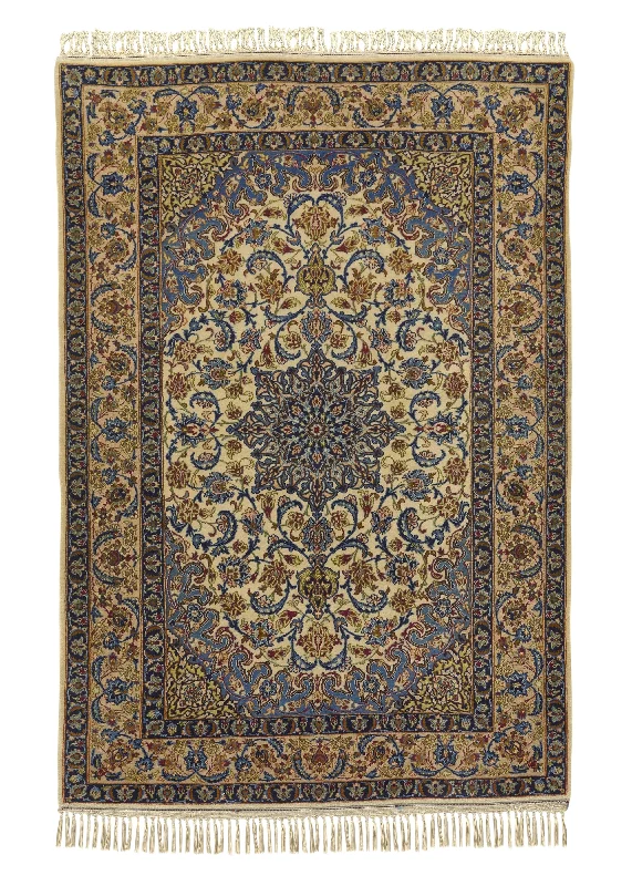 Persian Rug Isfahan Handmade Area Traditional 3'6"x5'3" (4x5) Whites/Beige Blue Floral Design #33433