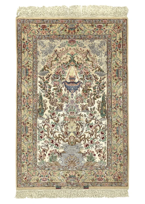 Persian Rug Isfahan Handmade Area Traditional 3'7"x5'6" (4x6) Yellow/Gold Whites/Beige Green Tree of Life Animals Design #33160