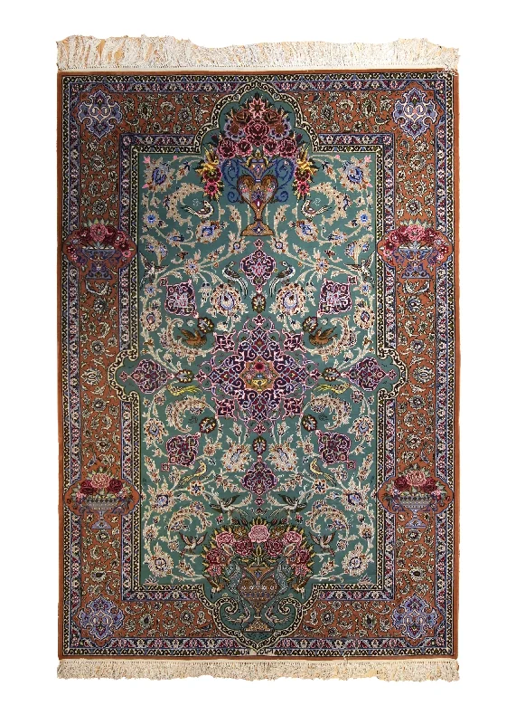 Persian Rug Isfahan Handmade Area Traditional 5'1"x7'7" (5x8) Green Orange Floral Emadi Animals Vase Design #A35487