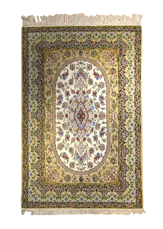 Persian Rug Isfahan Handmade Area Traditional 5'2"x7'9" (5x8) Yellow/Gold Whites/Beige Purple Floral Safdari Design #A35490