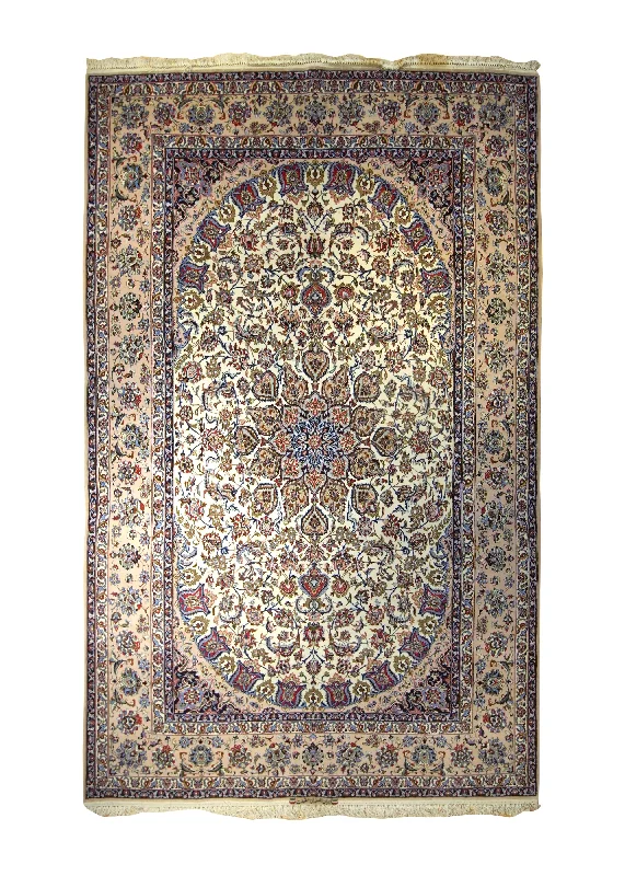 Persian Rug Isfahan Handmade Area Traditional 6'6"x10'2" (7x10) Whites/Beige Blue Floral Haghighat Design #A35486