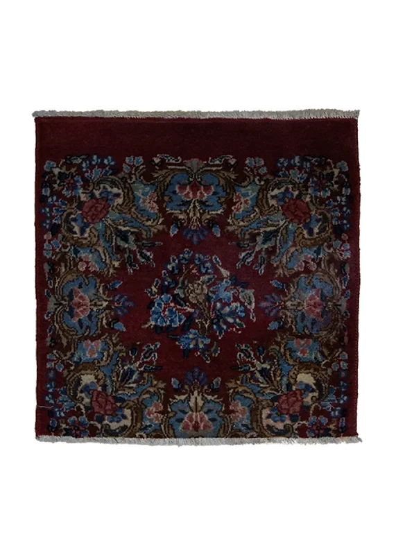 Persian Rug Lavar Kerman Handmade Square Traditional Antique 1'8"x1'8" (2x2) Red Blue Floral Design #A25291