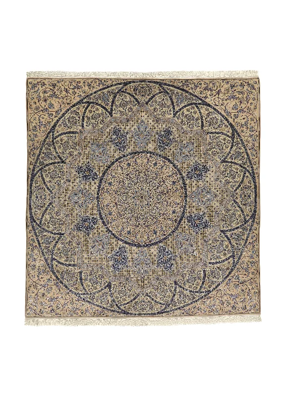 Persian Rug Nain Handmade Area Square Traditional 7'0"x7'0" (7x7) Whites/Beige Blue Floral Design #34640