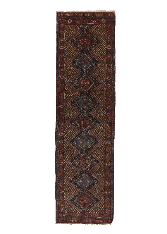 Persian Rug Quchan Handmade Runner Tribal 3'5"x12'2" (3x12) Red Blue Geometric Design #34701