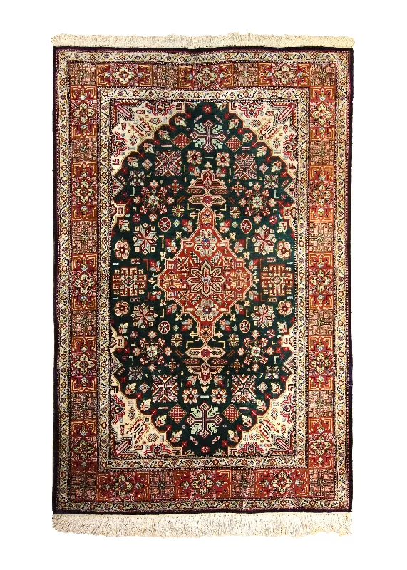 Persian Rug Qum Handmade Area Traditional 2'7"x4'0" (3x4) Green Red Geometric Design #A35499