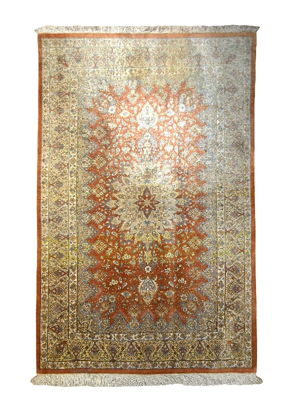 Persian Rug Qum Handmade Area Traditional 2'7"x3'11" (3x4) Orange Yellow/Gold Floral Design #A35502