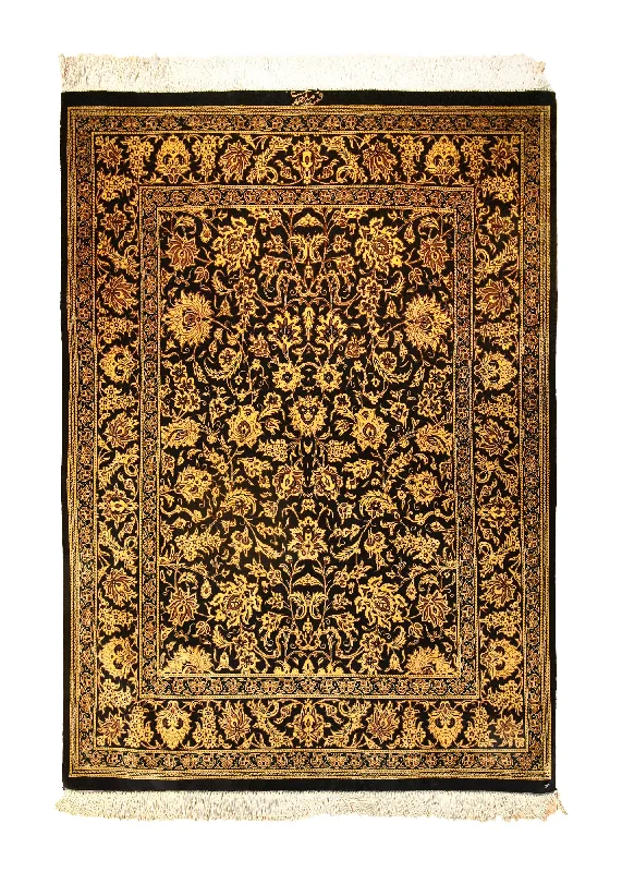 Persian Rug Qum Handmade Area Traditional 2'8"x3'9" (3x4) Yellow/Gold Black Floral Mirmehdi Versace Design #A35505